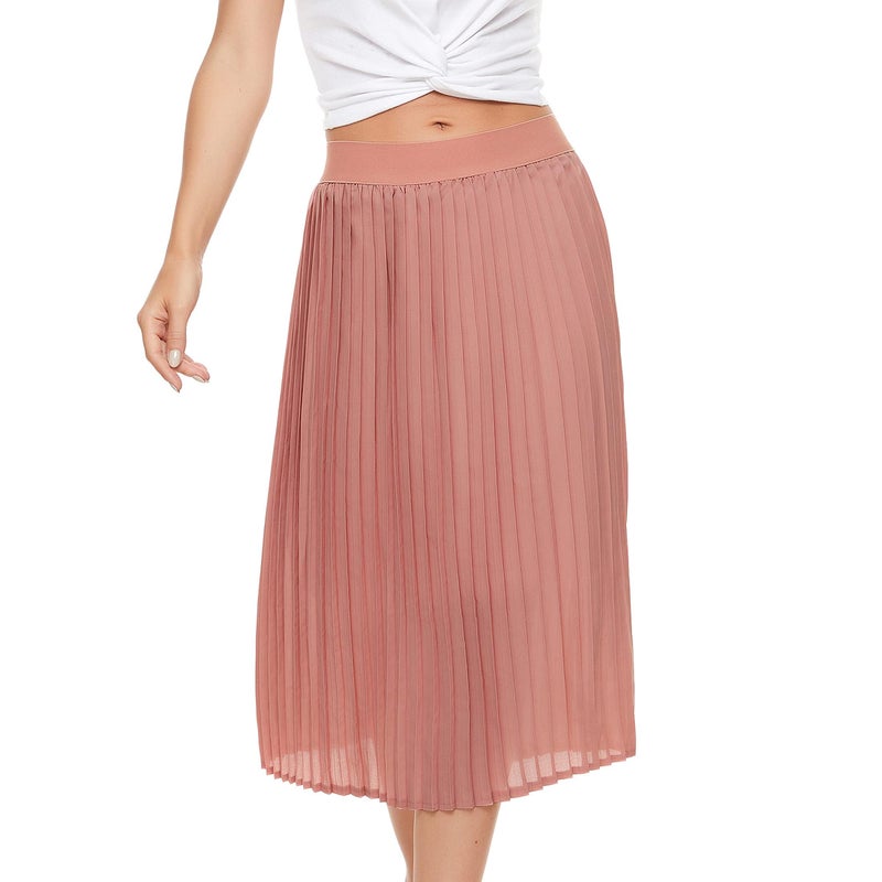 TEERFU Womens Pleated Midi Skirt,High Waist Swing Summer Pleated Skirt Casual Chiffon Elastic A-line Long Skirts Pink X-Large - Image 5